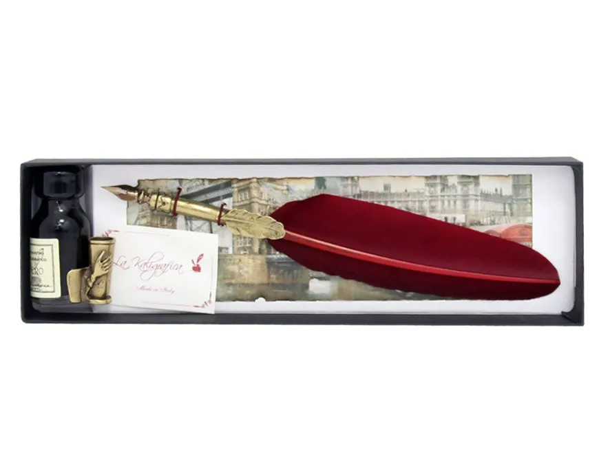 Coles Calligraphy Burgundy Feather Design Quill, Stand & Ink Set