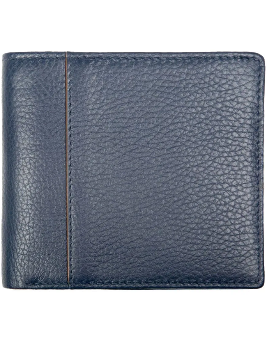 Dents Cherwell Slim Pebble Grain Leather Bifold Wallet with RFID Protection - Navy & Cognac