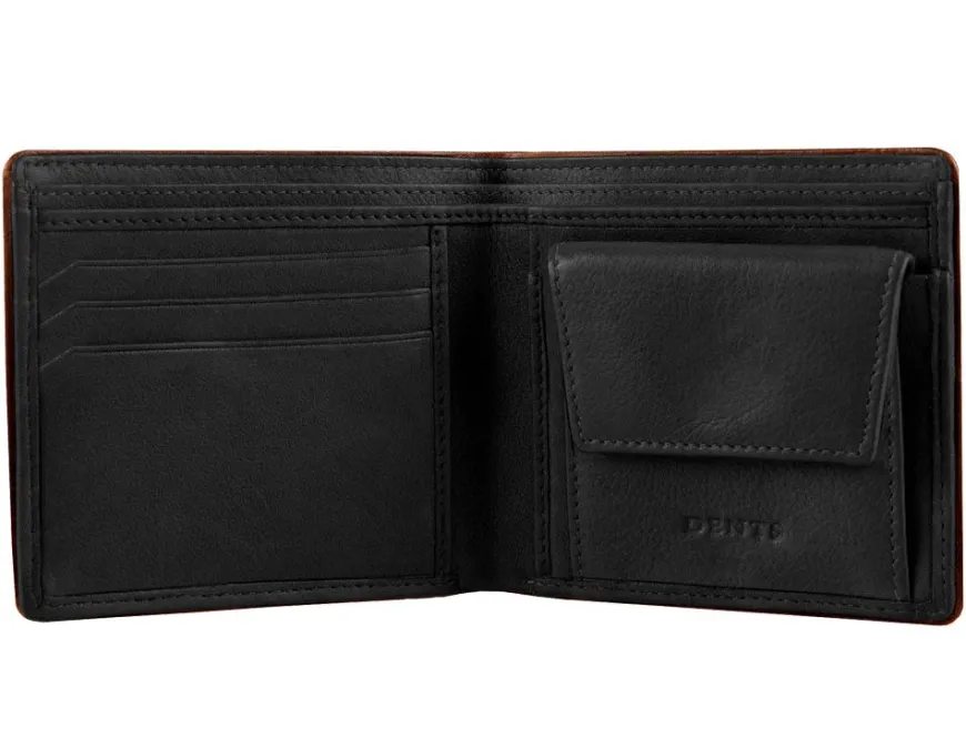 Dents Severn Pebble Grain Leather Coin Bifold Wallet with RFID Protection – Dark Tan & Black