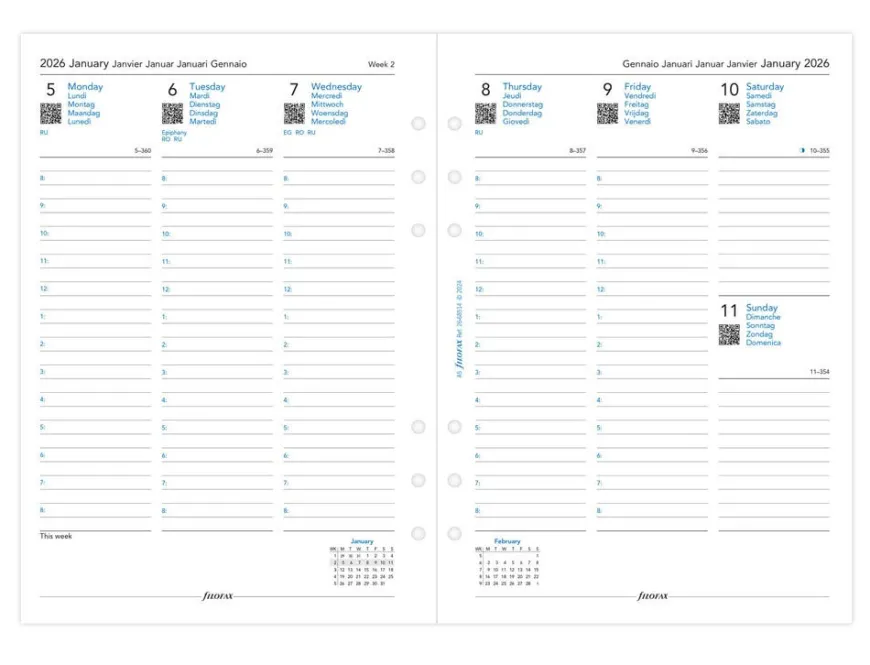 Filofax A5 Diary Refill Multilanguage - Week on Two Pages with appointments 2026 - White