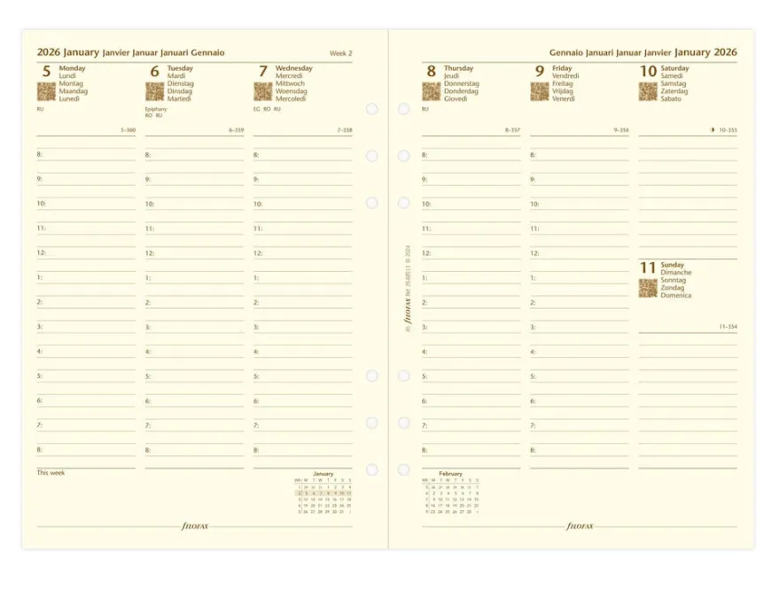 Filofax A5 Diary Refill Multilanguage - Week on Two Pages with appointments 2026 - Cotton Cream