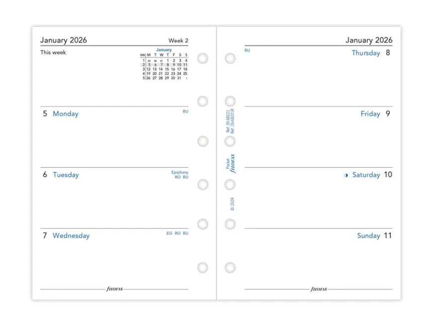 Filofax Pocket Diary Refill - Week on Two Pages 2026