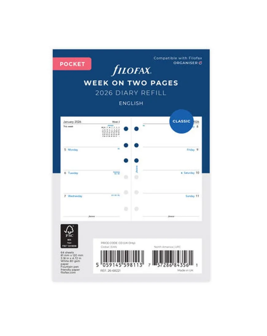 Filofax Pocket Diary Refill - Week on Two Pages 2026