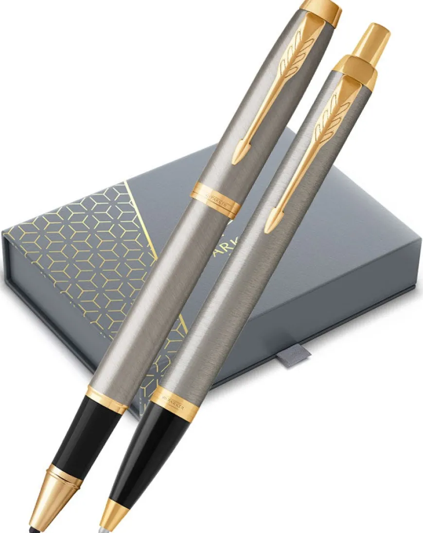 Parker IM Brushed Metal Gold Trim Rollerball & Ballpoint Pen Gift Set