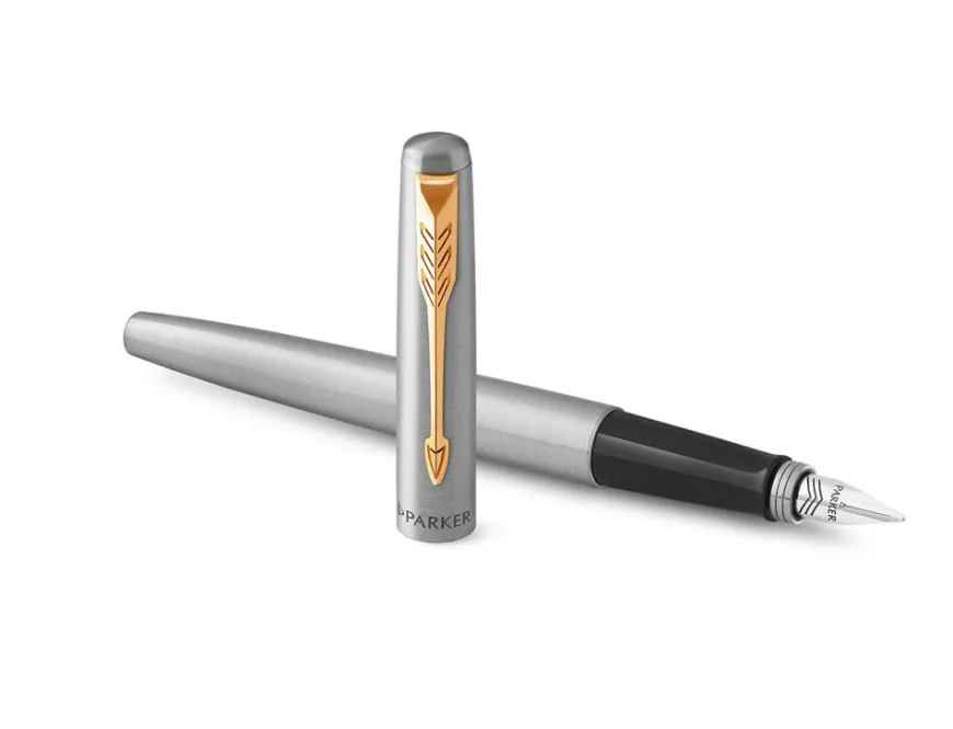 Parker Jotter Stainless Steel Gold Trim Ballpoint & Fountain Pen Set