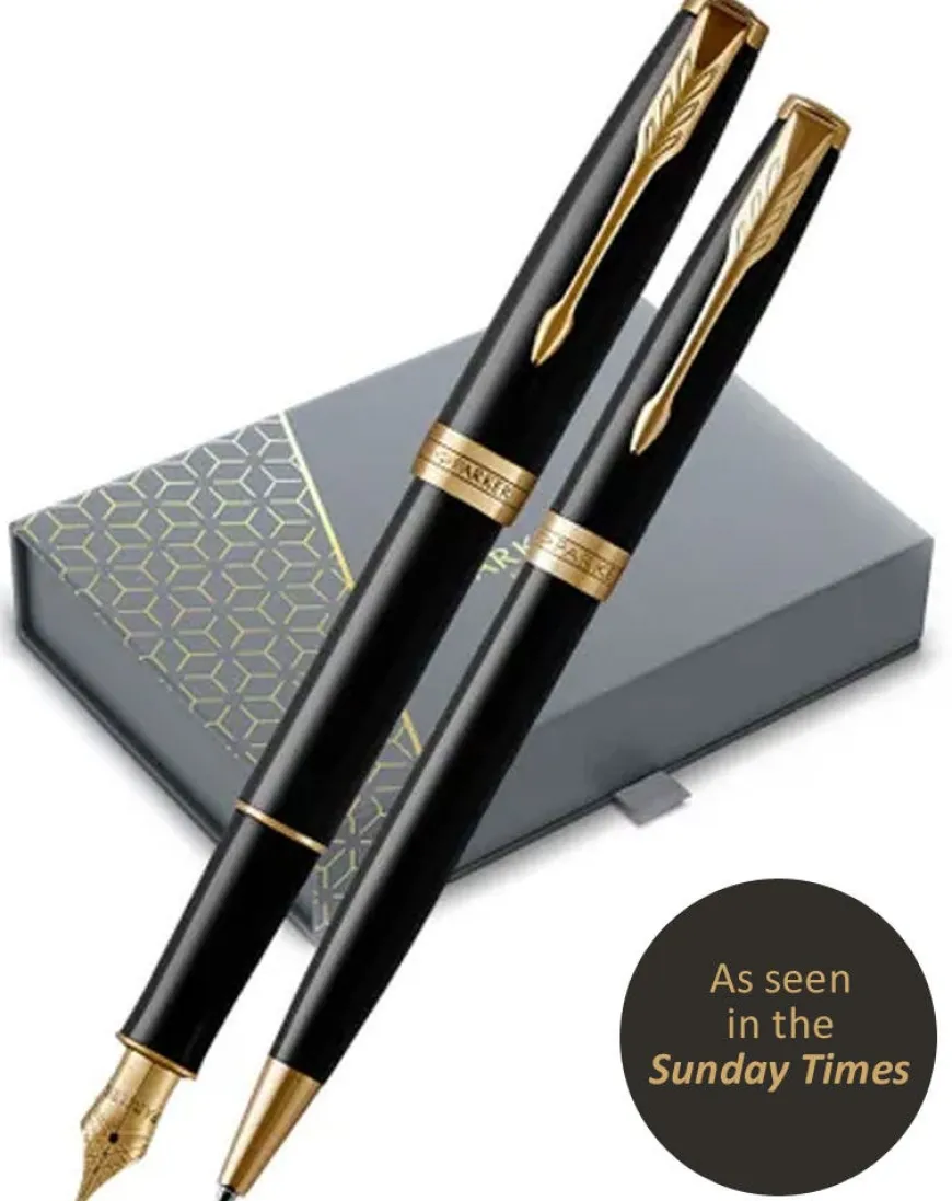 Parker Sonnet Black Gold Trim Ballpoint & Fountain Pen Premium Gift Set