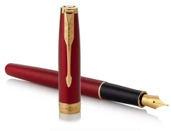Parker Sonnet Red Gold Trim Fountain, Ballpoint and Black Leather Pen Case Set