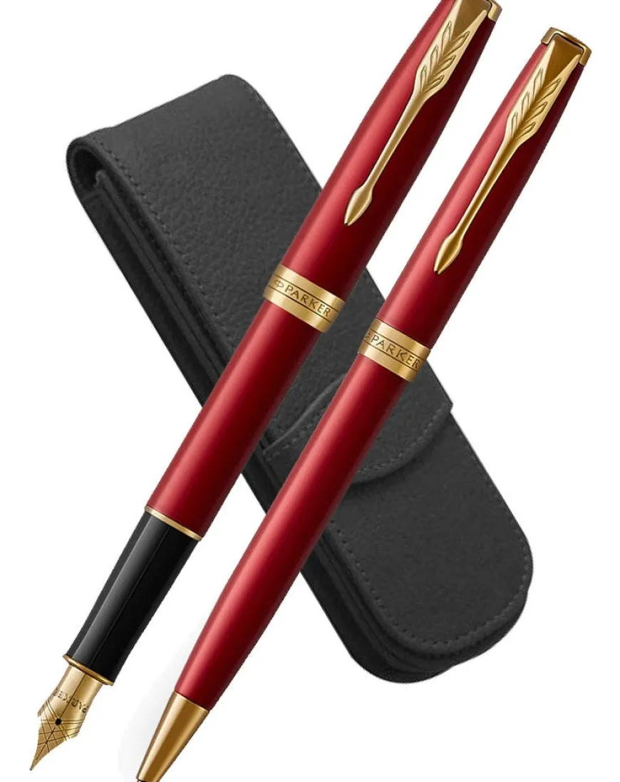 Parker Sonnet Red Gold Trim Fountain, Ballpoint and Black Leather Pen Case Set