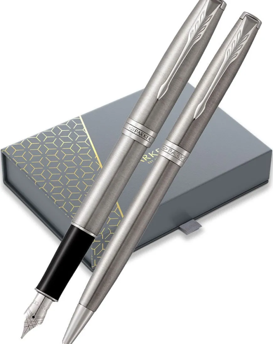 Parker Sonnet Stainless Steel Chrome Trim Fountain & Ballpoint Pen Set