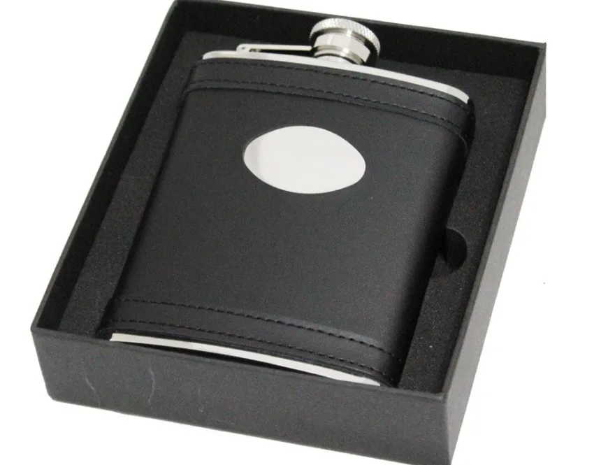 Personalised Artamis Black Leather 6oz Hip Flask