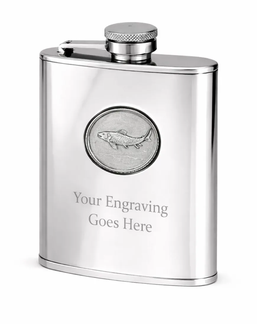 Personalised Artamis Stainless Steel 6oz Hip Flask with Fish Emblem
