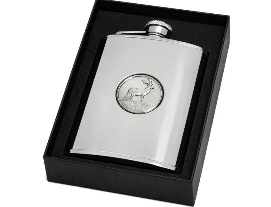 Personalised Artamis Stainless Steel 6oz Hip Flask with Stag Emblem