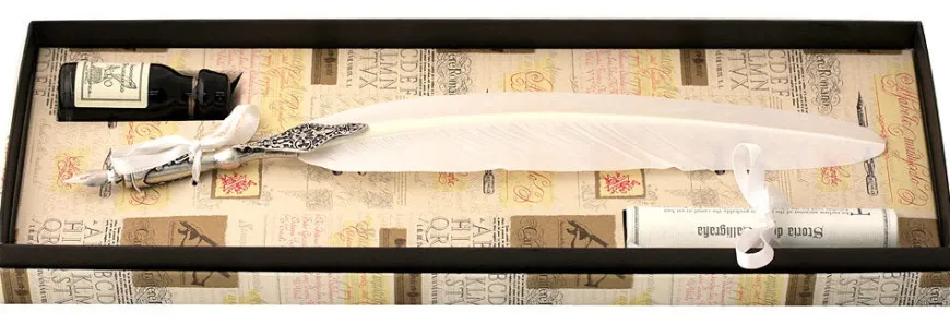 Pewter Feather Quill & Ink Set - White
