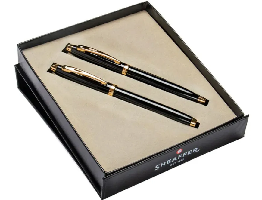 Sheaffer 100 Gloss Black Gold Trim Rollerball & Ballpoint Pen Gift Set