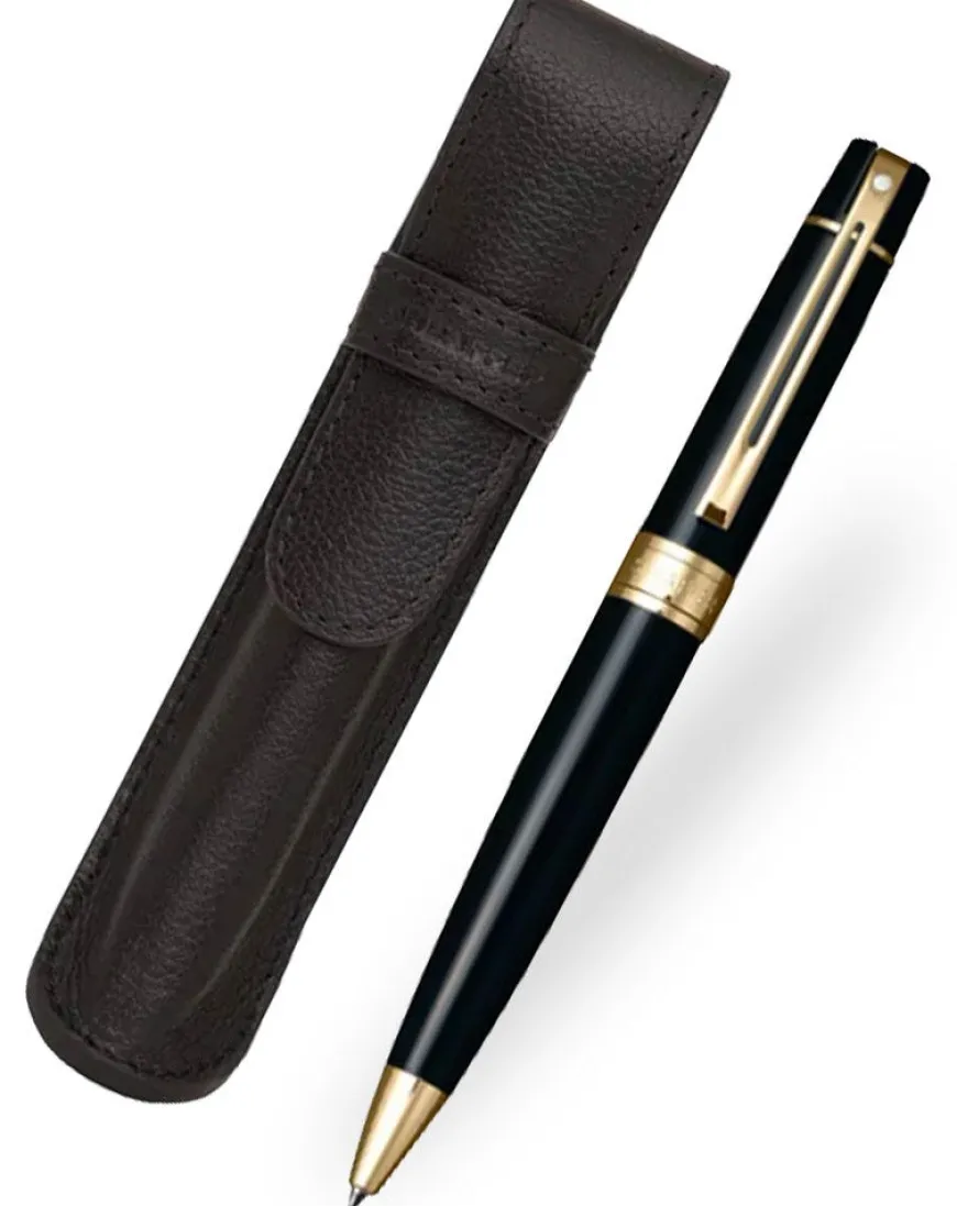 Sheaffer 300 Gloss Black Gold Trim Ballpoint Pen & Single Leather Pouch Gift Set