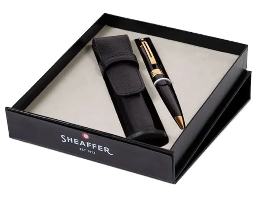 Sheaffer 300 Gloss Black Gold Trim Ballpoint Pen & Single Leather Pouch Gift Set